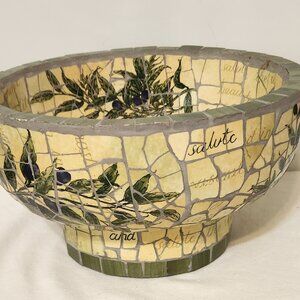 Off White Mosaic Tile Pedestal Cement Bowl w/Floral & Words - 11.5" W & 6.5" H